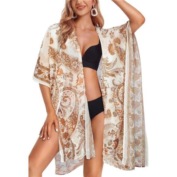 Boho Orange Paisley Printed‎ Cardigan Long Kimono Duster Bikini Swimsuit Coverup - Picture 5 of 6